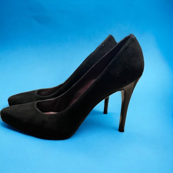 Stuart Weitzman Black Suede Leather Heels Patent 4.5" heels Platform Sz 10 - Picture 1 of 6